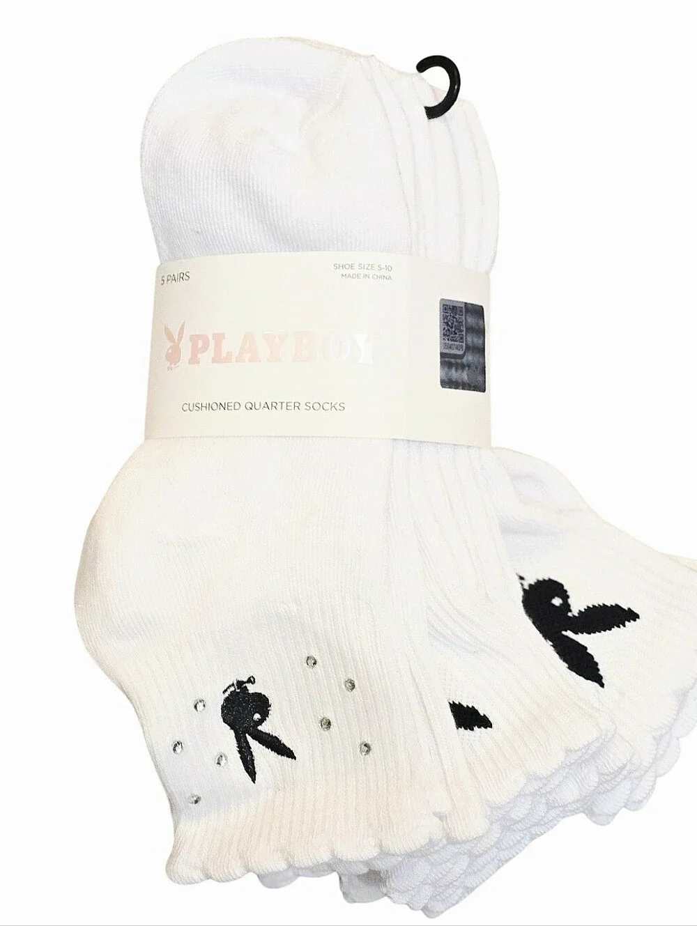 Playboy Bunny Rhinestone Logo Cushioned Ruffled Quarter Socks - 5-Pack